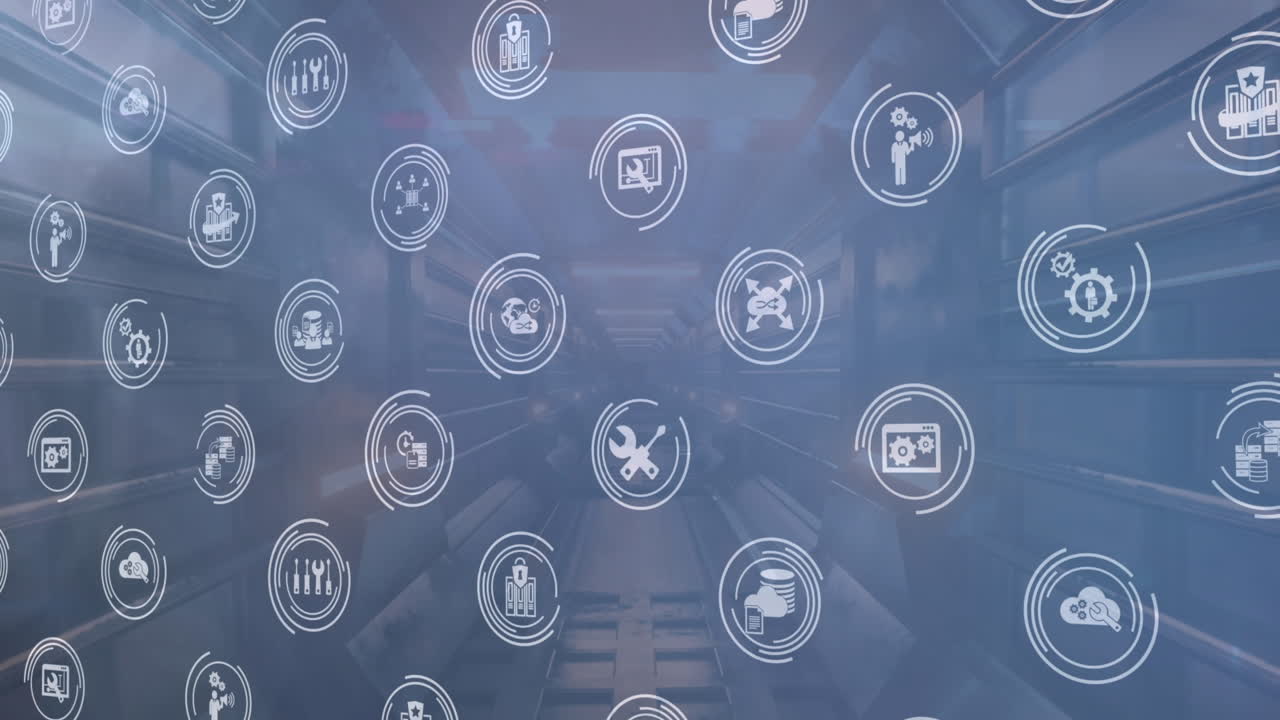 Animation of multiple digital icons against neon tunnel in seamless pattern