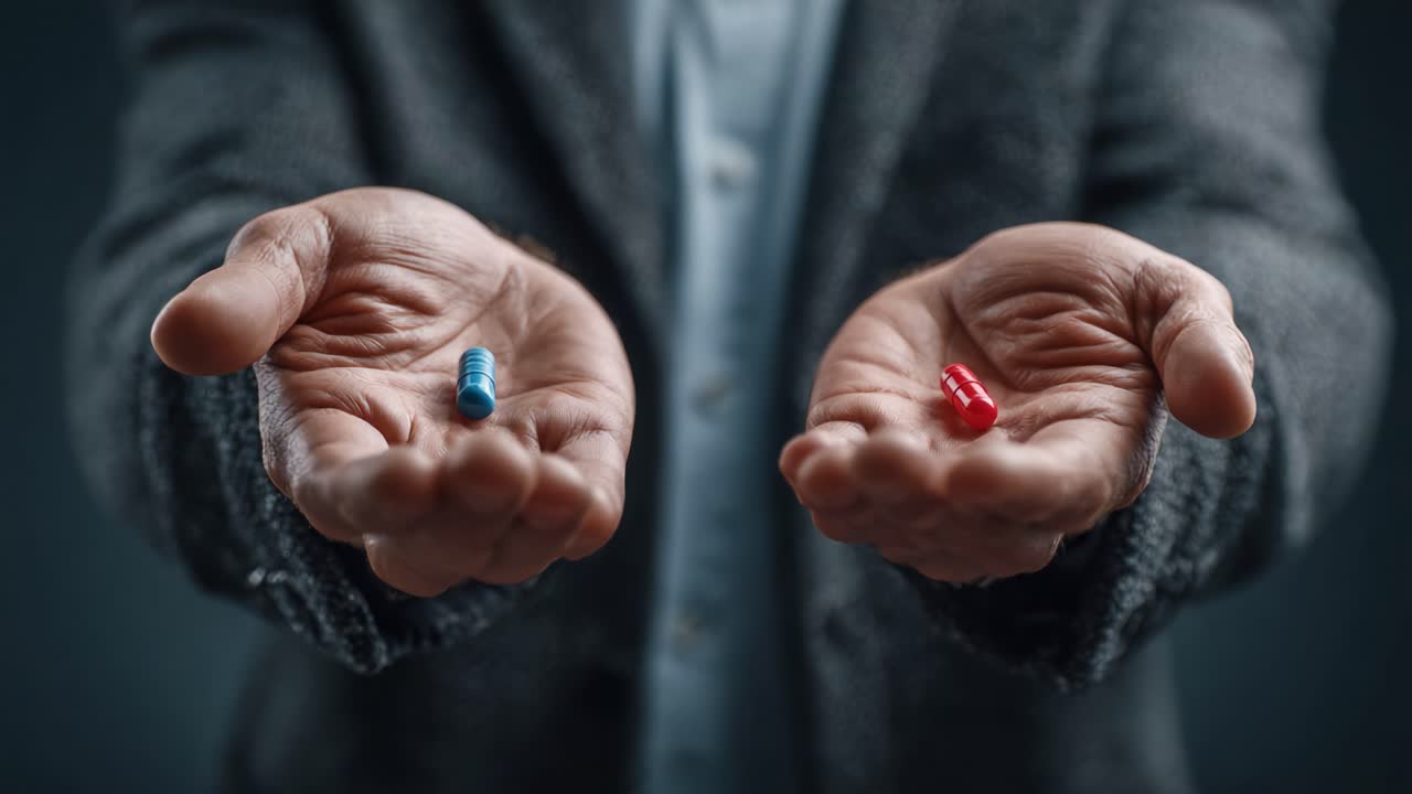 A thought-provoking moment captured as a person's hands hold two contrasting pills, symbolizing a choice between two different paths in life, one represented by a blue pill and the other by a red pill