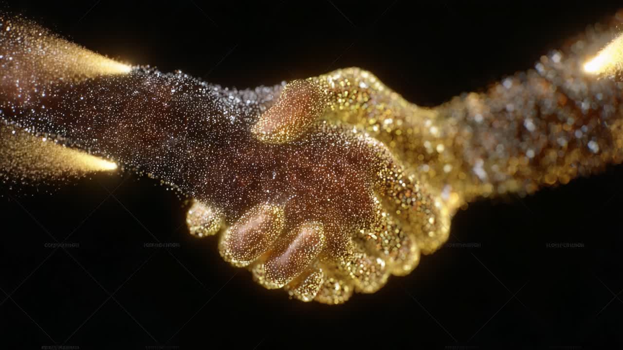 A Symbolic Representation of Unity and Collaboration Through Two Hands Shaking, Embellished with Glimmering Particles, Signifying Connection and Shared Purpose in a Dynamic Visual Context