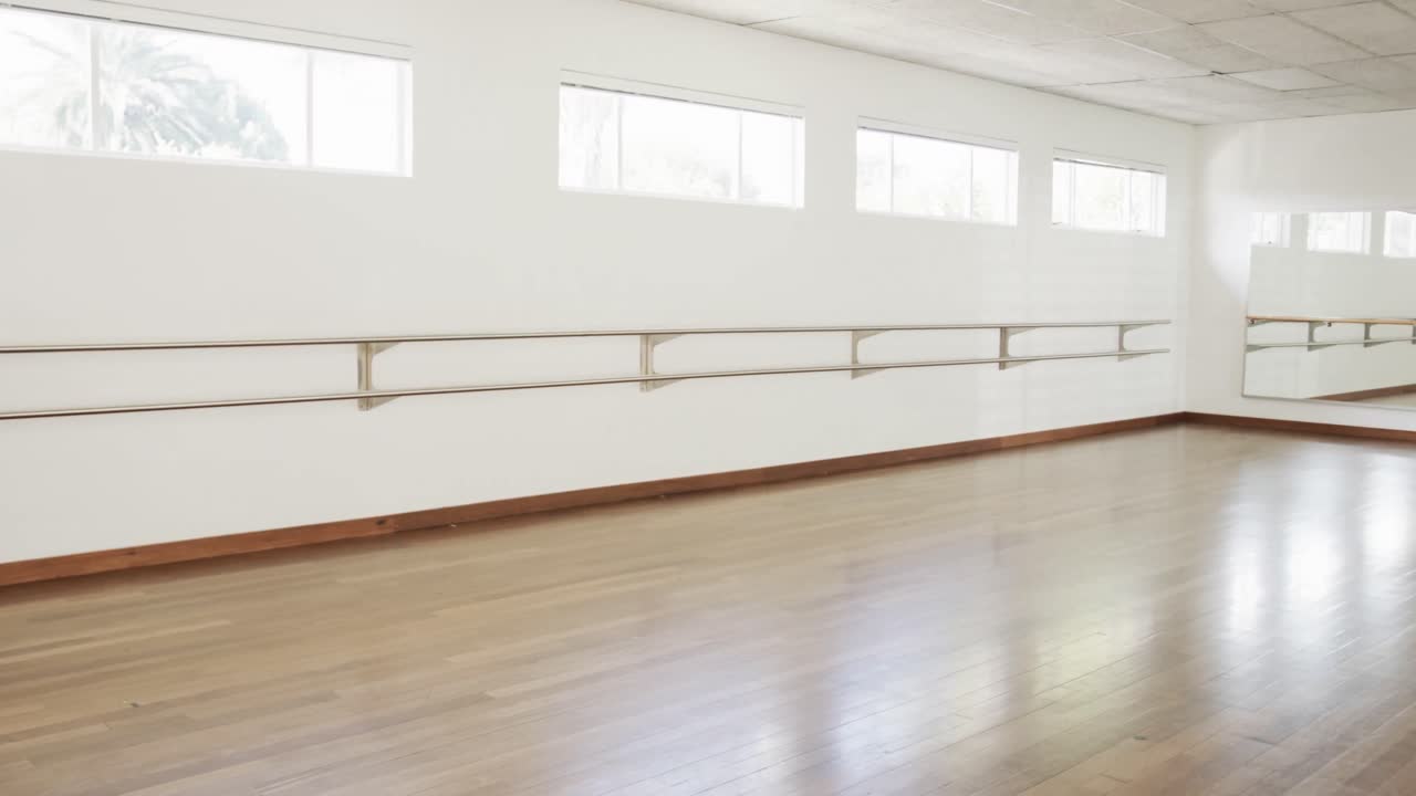 나무 바닥, 수평 벽 바와 거울, 슬로우 모션으로 체육관의 일반적인 모습