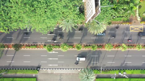 vista aérea de una calle de la ciudad con tráfico y palmeras
