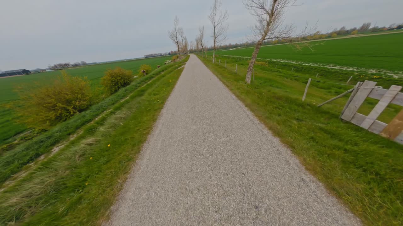 drone fpv volando a alta velocidad sobre una carretera vacía en el campo