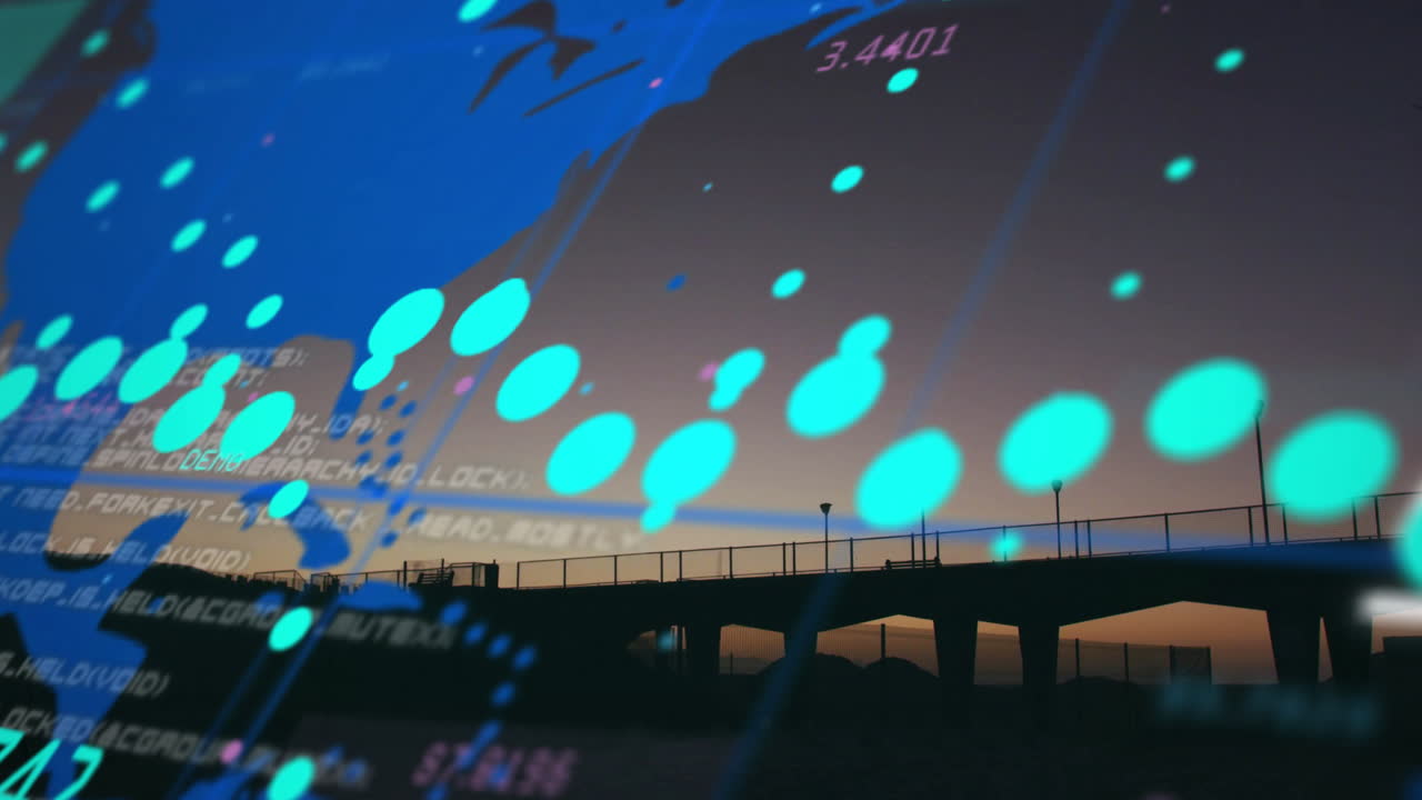 Blue digital data animation over silhouette of bridge at sunset