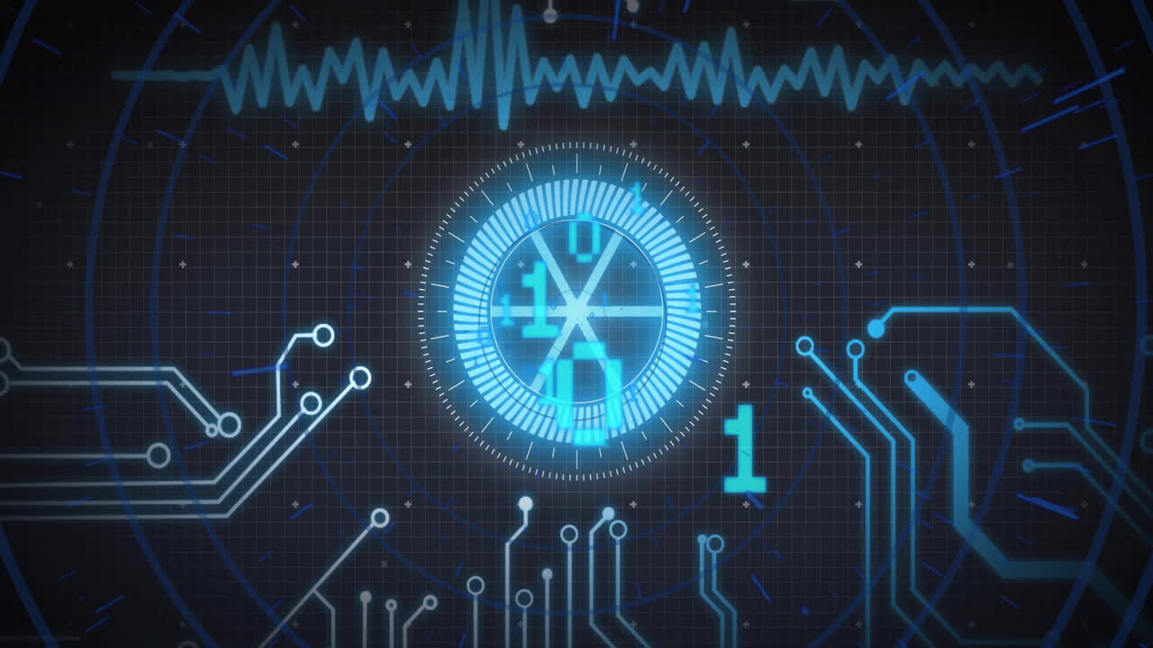 Futuristic digital interface with circuit patterns and binary code animation