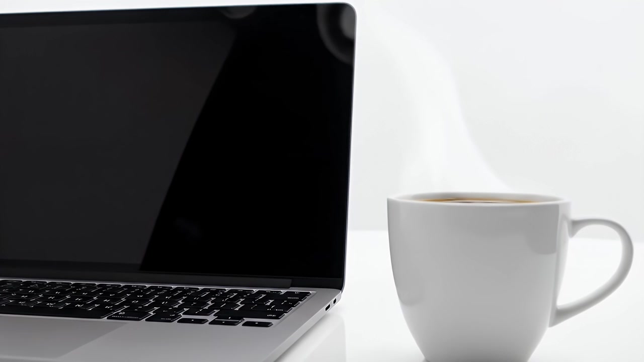 Bærbar computer og dampende kop kaffe på hvidt skrivebord