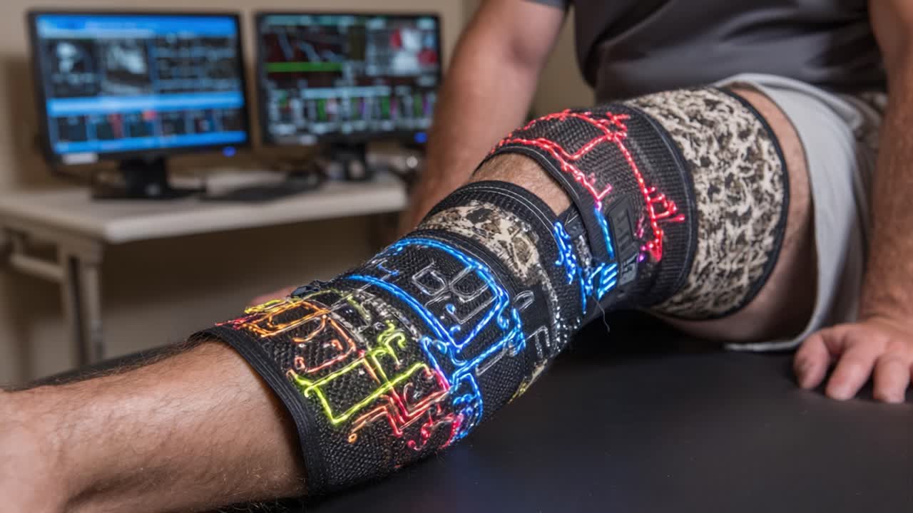 Innovative Advanced Knee Rehabilitation Technology in Action: A Close-Up on a Patient's Leg with High-Tech Recovery Equipment