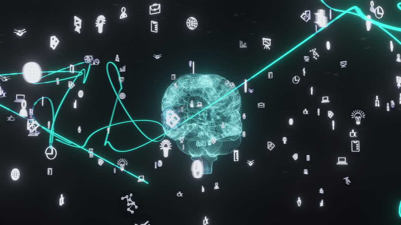 Animation of glowing blue human brain and connections on black background
