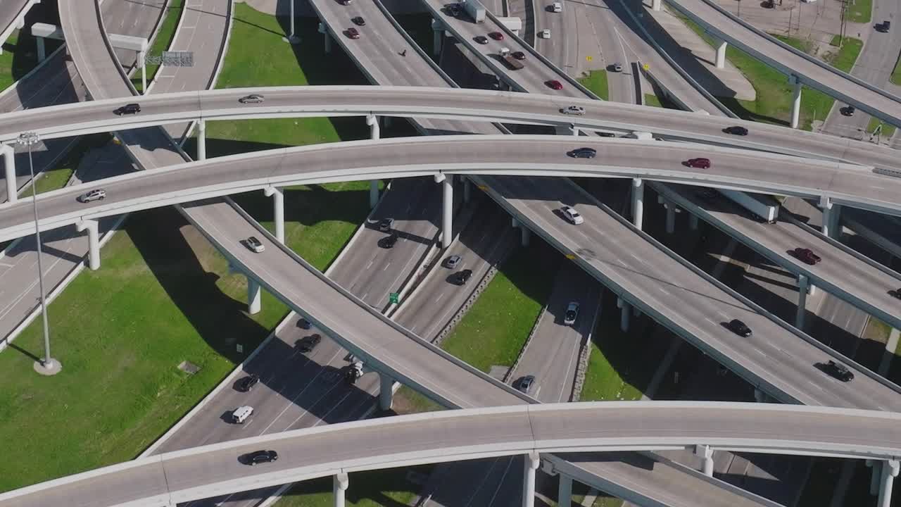 Traffic moves through highway interchange in downtown Dallas Texas