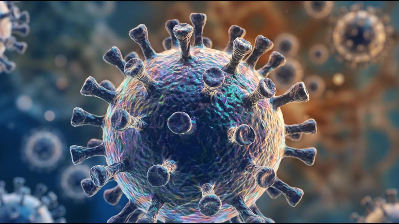 Rendering microscopico di patogeni del coronavirus che fluttuano in un ambiente cellulare
