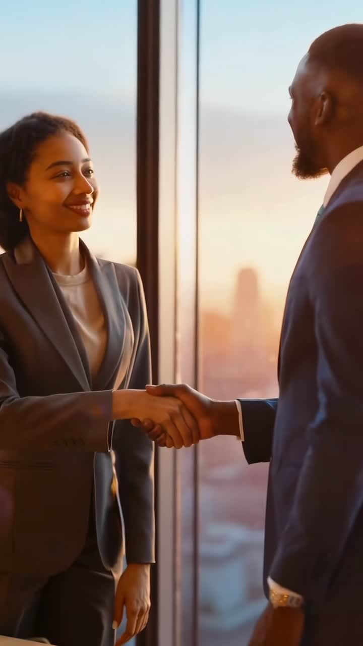 Video professionale di due persone d'affari che si stringono la mano, angolazione laterale