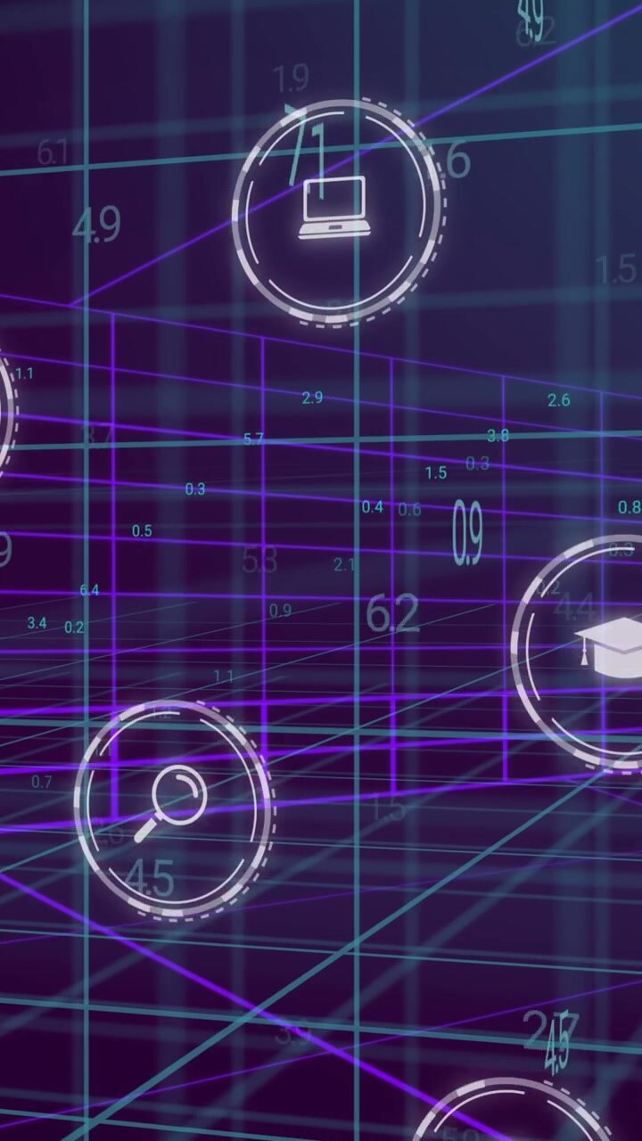 Animation of icons and data processing over blue background