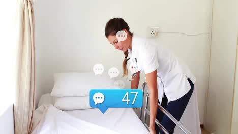in hospital, nurse making bed with animation of chat notification icons