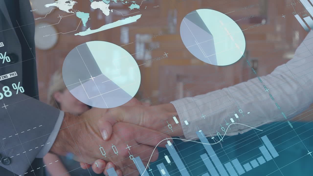 animación del procesamiento de datos financieros sobre hombres de negocios caucásicos que se dan la mano