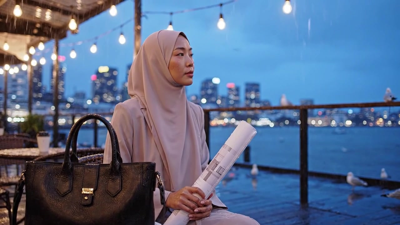 Un momento contemplativo sul lungomare di notte, con una donna in hijab che tiene in mano dei progetti e vestita elegantemente, circondata da luci della città e pioggia.