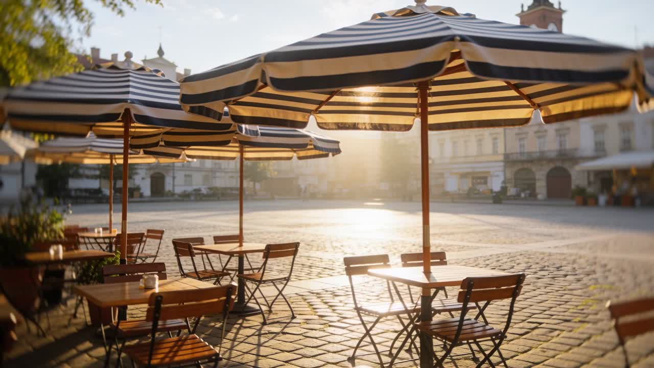 Sonne wechselt, leere Caféterrasse auf Kopfsteinpflaster enthüllt gestreifte Sonnenschirme, Holztische