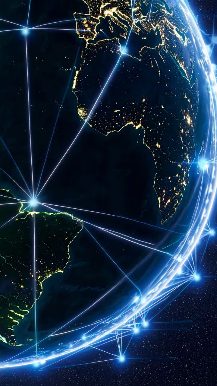 Aerial view of Earth at night with glowing network lines, showcasing global connectivity