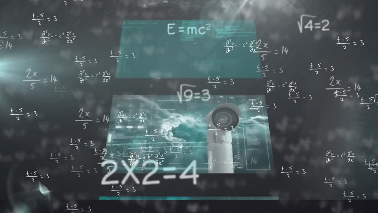 animación digital de ecuaciones matemáticas flotando contra pantallas con procesamiento de datos