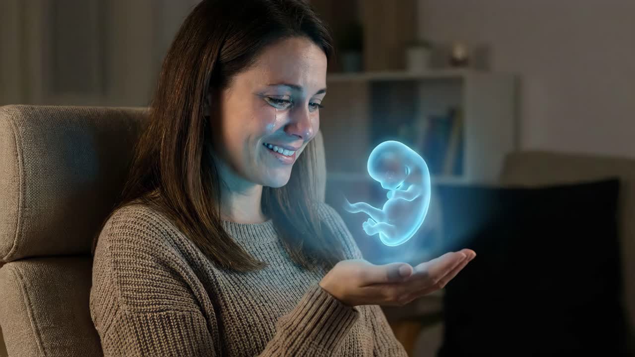 Emotional Woman with Hologram of Baby