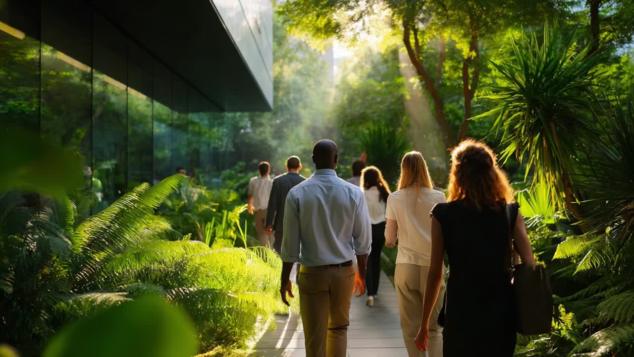 Business People Walking Through a Green Office Space