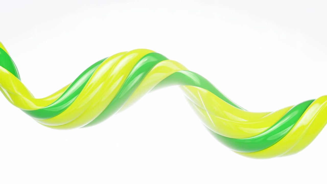 Primo piano di un nastro attorcigliato lucido verde e giallo che scorre orizzontalmente su uno sfondo da studio bianco senza soluzione di continuità, illuminato con luce soft high-key che crea riflessi speculari e ombre delicate.