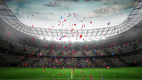 animation of multi coloured confetti falling over empty sports stadium