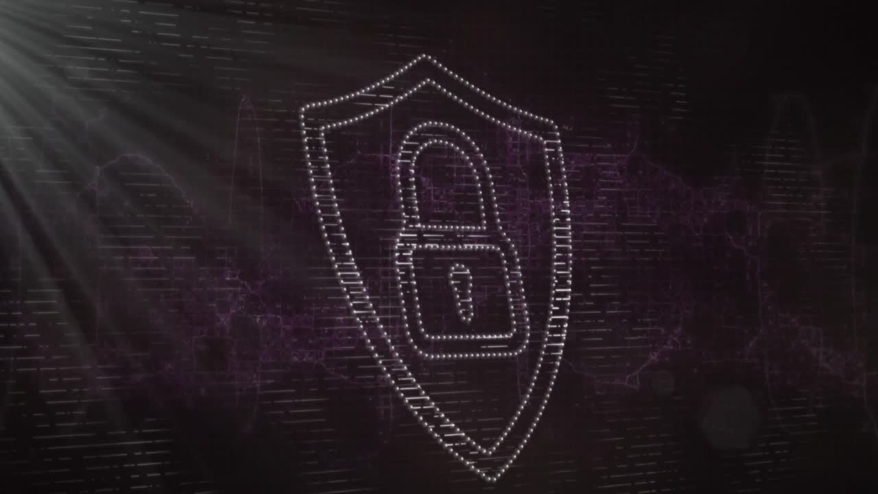 animazione del punto luminoso e dell'icona del lucchetto di sicurezza su onde digitali su sfondo grigio.