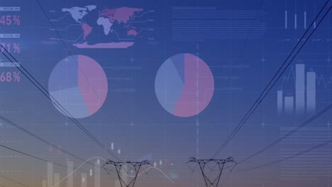 Animation-of-financial-graphs-and-data-over-electricity-poles-at-sunset