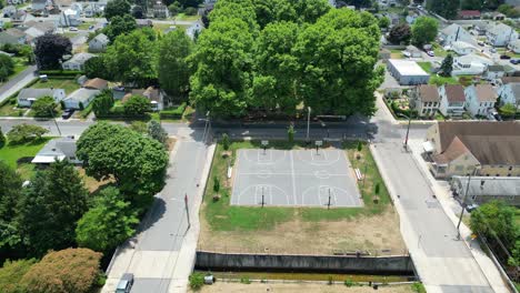 Aerial-drone-view-of-basketball-court-in-park