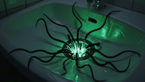 an eerie display of tentacle-like structures emanating illumination from a sink, creating an unsettling yet captivating visual experience