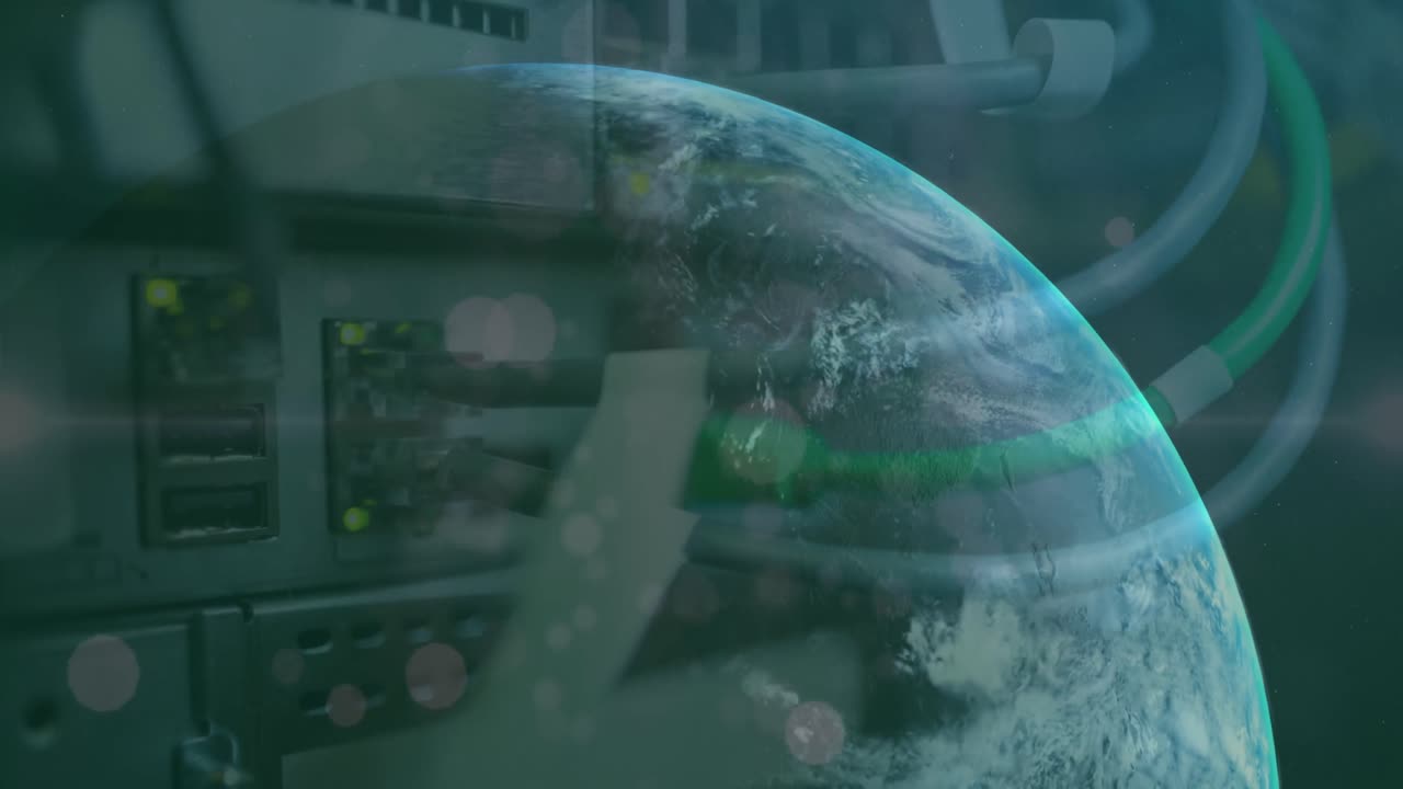 Animation of globe and circles moving over back panel of server racks