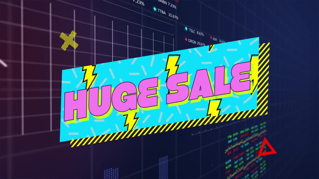 Colorful animation with huge sale text over financial data and charts
