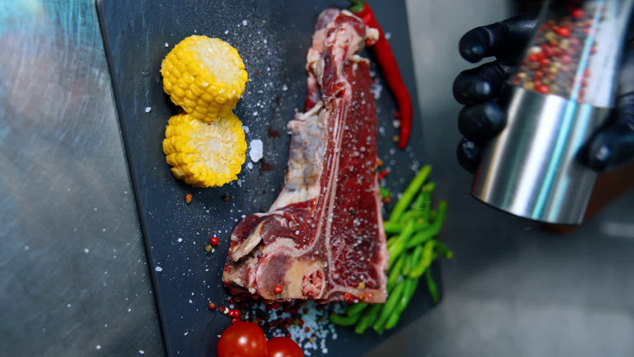 Covering a piece of meat with salt and pepper. Beef with vegetables on the charcuterie board. Close up. Vertical view.