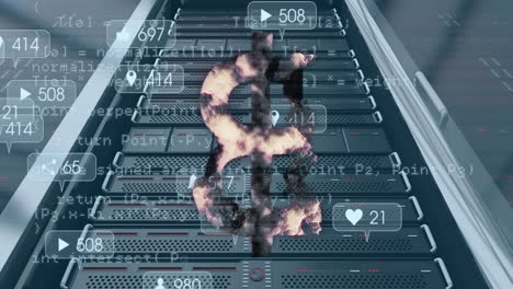 animación del símbolo de bitcoin sobre la sala del servidor