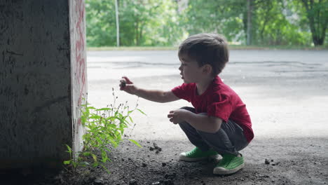 Un-Niño-Pequeño-Se-Está-Divirtiendo-Y-Sentado-Cerca-De-Un-Retoño-Que-Crece-En-Un-Edificio-Abandonado