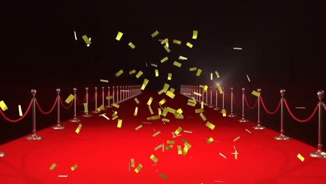 Animation-of-gold-confetti-falling-over-red-carpet-venue,-with-paparazzi-flashbulbs