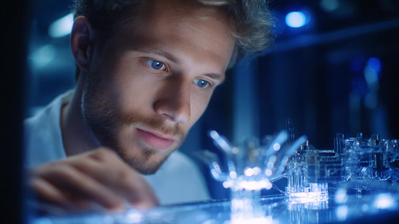 A focused young man examines intricate glass models under soft blue lighting in this mesmerizing scene, showcasing his attention to detail and passion for craftsmanship, blending art with technology seamlessly