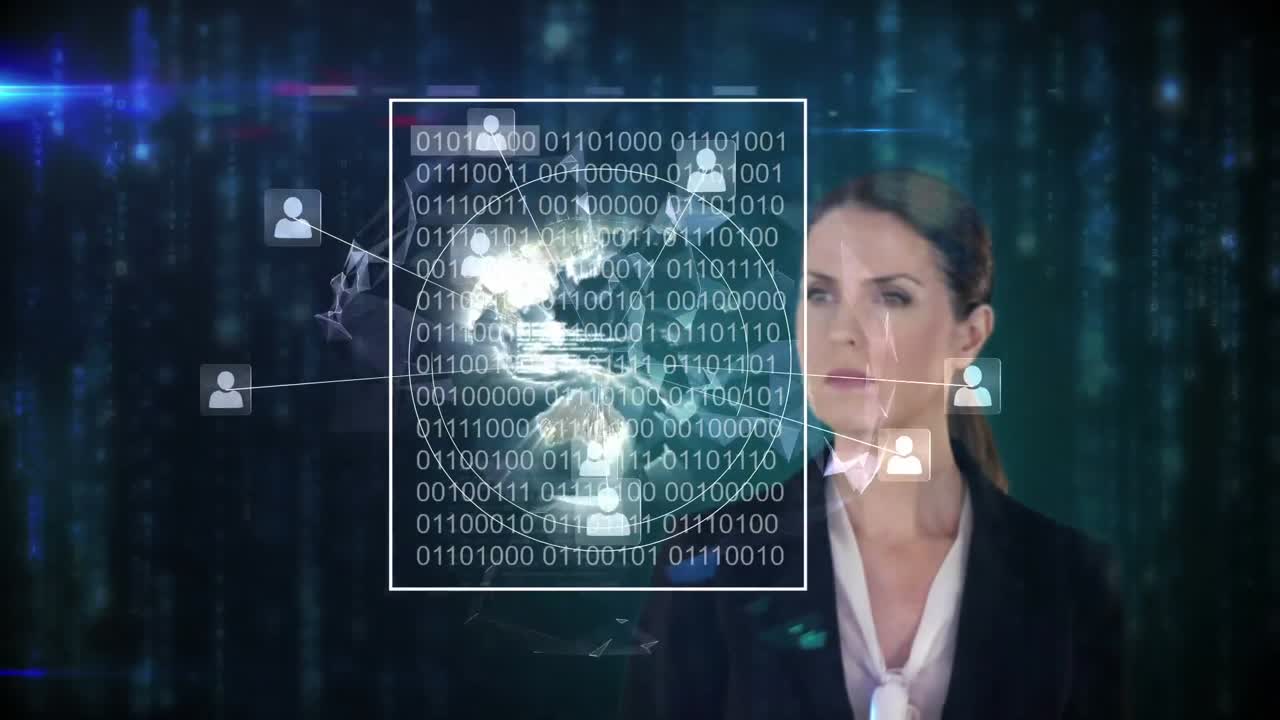 animación del procesamiento de datos financieros sobre una mujer de negocios caucásica