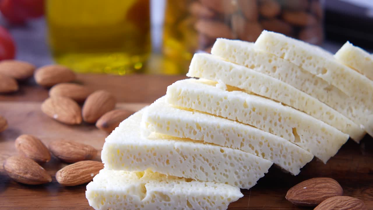 Formaggio bianco a fette con mandorle
