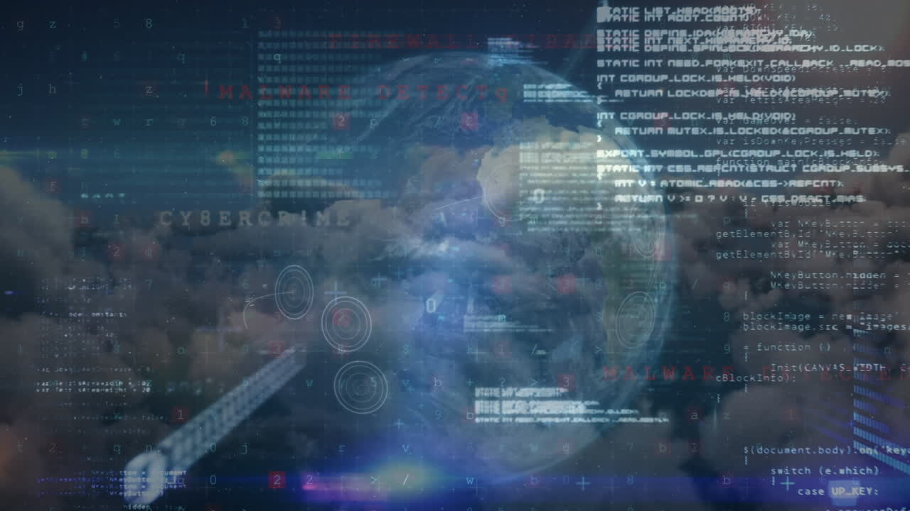 animación del procesamiento de datos y el globo sobre el cielo con nubes