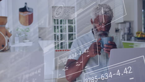 animation of data processing over african american man using laptop