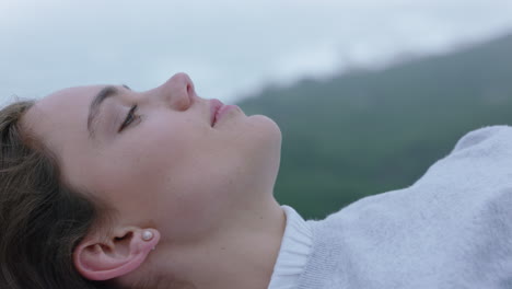 portrait happy woman lying on grass enjoying peaceful meditation resting in nature exploring carefree lifestyle