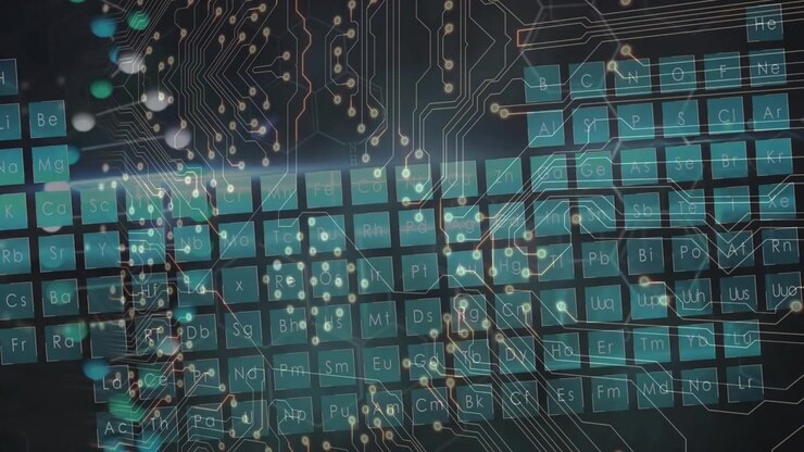 Animation of computer circuit board and elements on black background