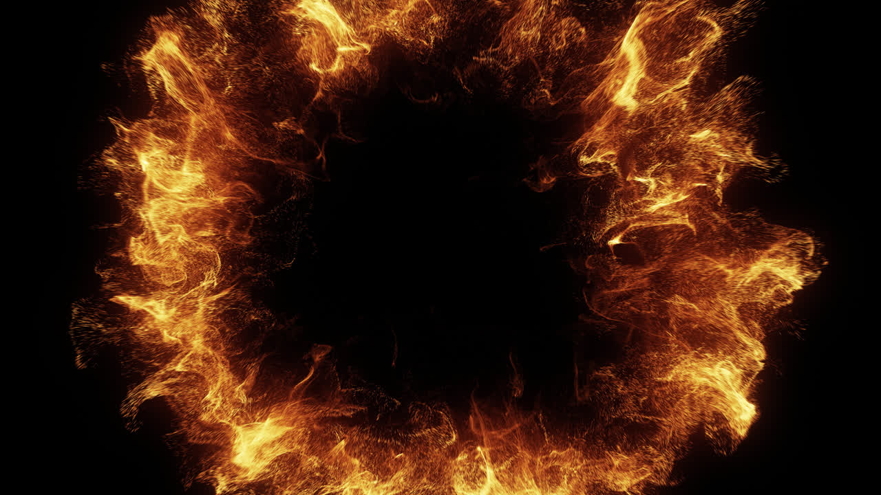 Dynamic Fiery Particle Ring Bursting on Black Background