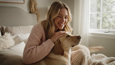 woman cuddling with her golden retriever on bed