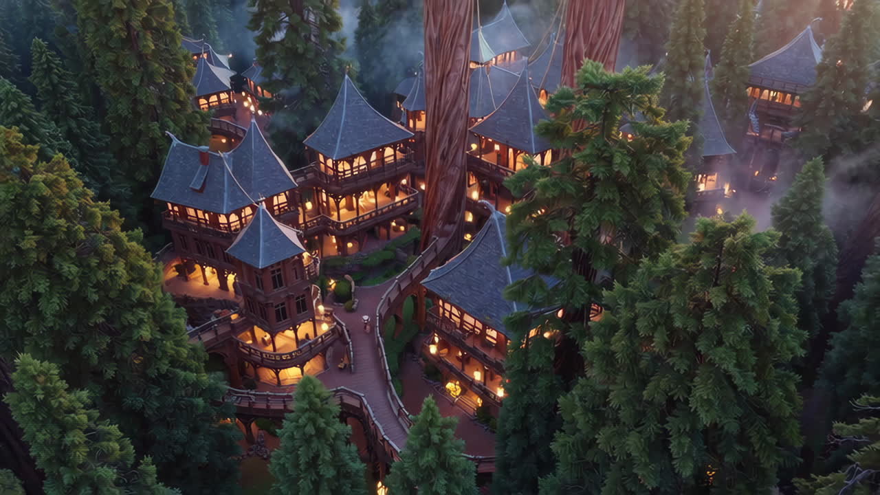 Enchanted Tree Village in a Lush Forest at Twilight