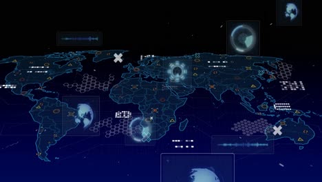 Animation-of-scopes-scanning,-data-processing-and-markers-over-world-map