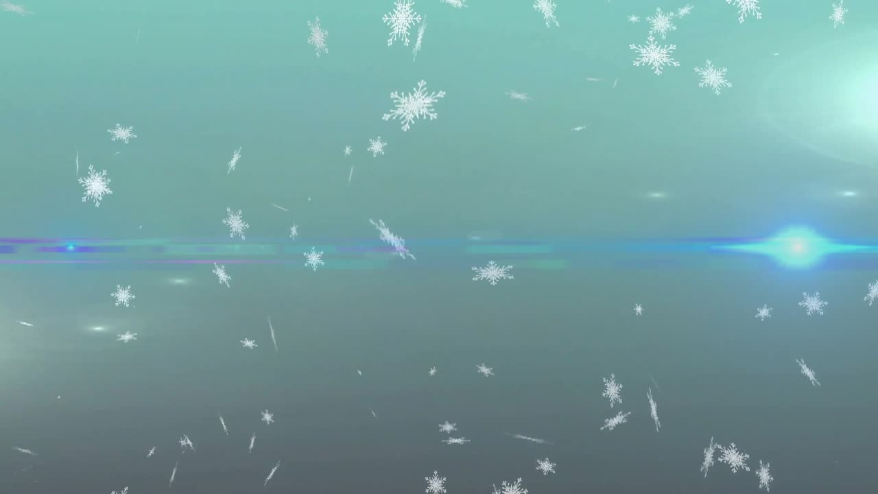 Sparse flakes drifting and rotating, light effects intensifying, evoking winter mood