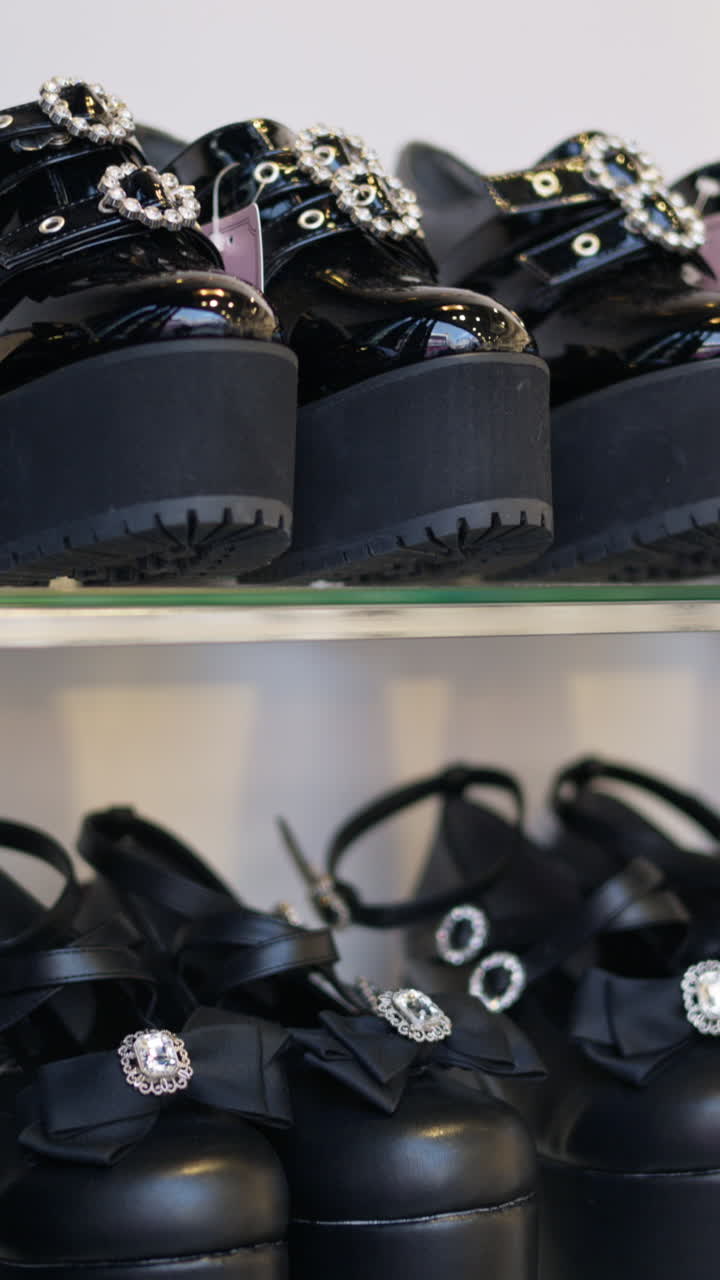 Multiple platform shoes on display in a store on the Takeshita shopping street in Tokyo, Japan. Vertical