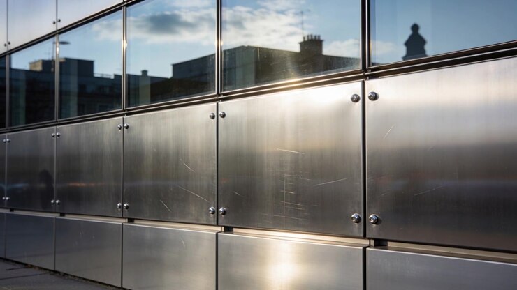 Reflecting sun glare sliding down steel panels at street wall, showing screws with clouds shifting