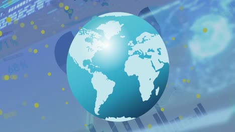 animation of yellow spots and globe over statistical data processing against blue background